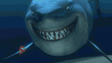 Animated shark Bruce from &#x27;Finding Nemo&#x27; with a diver&#x27;s mask, smiling with sharp teeth visible