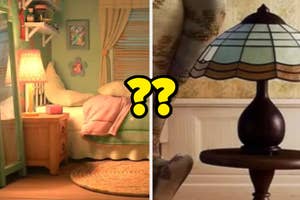 Split image of a cozy animated room and a lamp, each with a yellow question mark, implying a quiz or comparison
