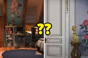 Elsa from Frozen is not present; split scene of an animated bedroom and a cat peeking around a corner