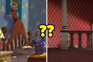Split scene from Toy Story with Woody and Etch A Sketch on the left and a missing Buzz Lightyear on the right