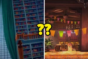 Split image showing the library from Disney's "Beauty and the Beast" and the tavern from "Tangled," with question marks indicating a search or comparison