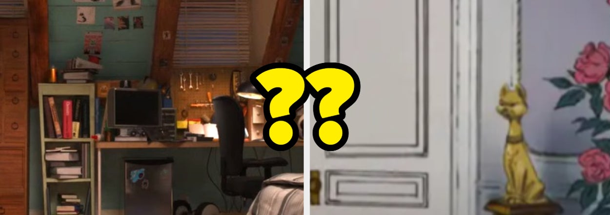 Elsa from Frozen is not present; split scene of an animated bedroom and a cat peeking around a corner