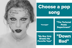 Person with face tattoos, staring intently, alongside text blocks with pop song choices