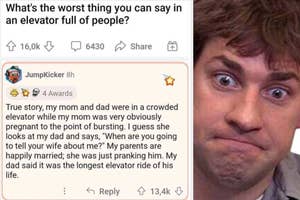 Meme with a shocked man's face next to a social media post about an awkward elevator conversation