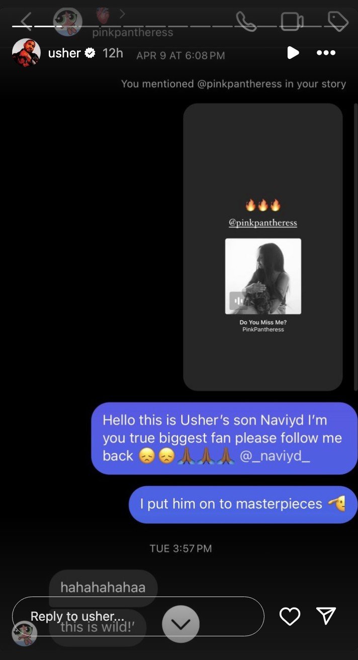 A screenshot of an Instagram story by the user &quot;usher&quot; featuring a reply to a mention from &quot;pinkpantheress&quot; with emojis