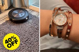 Robotic vacuum on carpet with sale sign; wrist wearing watch with multiple bracelets