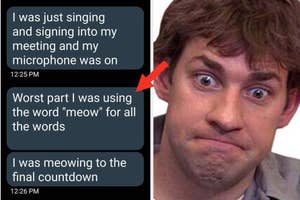 Text conversation about accidentally singing with microphone on; image of a man with a sheepish expression