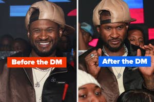 Usher smiling wearing a hat before and looking serious after the DM