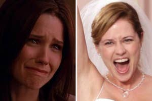 Split image: Left shows a tearful woman; right shows a bride mid-laugh. Both express strong emotions