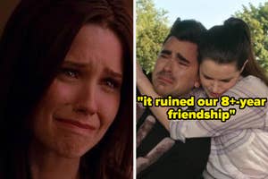 Two scenes from a TV show depicting emotional moments between characters, with a quote about a ruined friendship