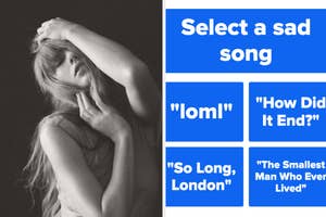 Summary of text: Choose a sad song with four options listed. Woman looks distressed in adjacent image