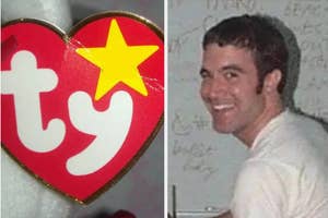 A side-by-side comparison of a Ty Beanie Baby tag next to a man grinning at the camera
