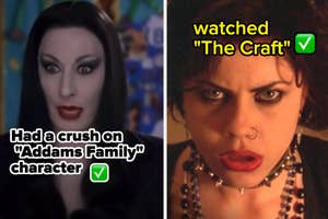 Side-by-side stills of Morticia from "Addams Family" and Nancy from "The Craft" with checklist-style captions about each character