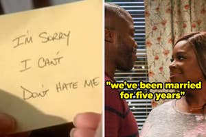 Apology note reading "I'm sorry I can't Don't hate me" beside a couple with quote "we've been married for five years"