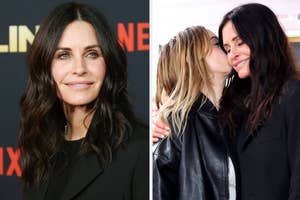 Two images: Left shows Courteney Cox in a black blazer, right shows her embracing a woman in a friendly manner