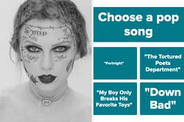 Person with face tattoos, staring intently, alongside text blocks with pop song choices