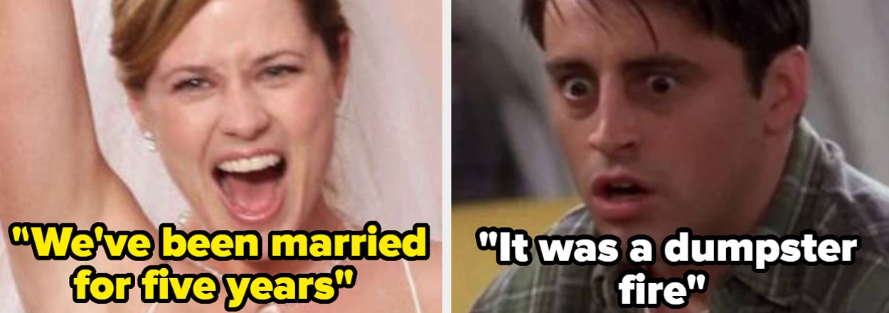 Split-screen of a bride celebrating and a man looking distressed with contrasting quotes about marriage