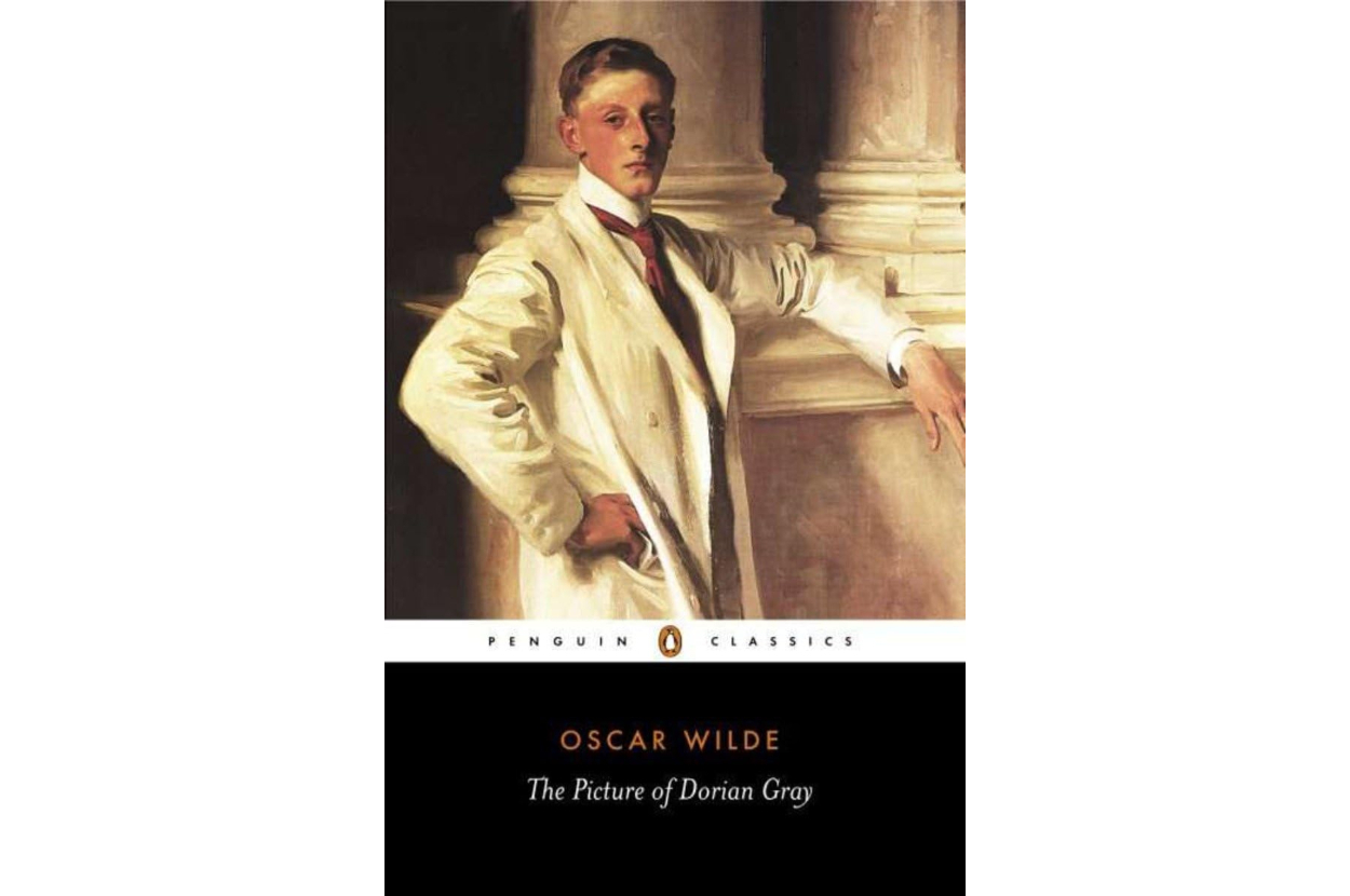 Cover of &quot;The Picture of Dorian Gray&quot; by Oscar Wilde, featuring a painted portrait of a young man in a white coat