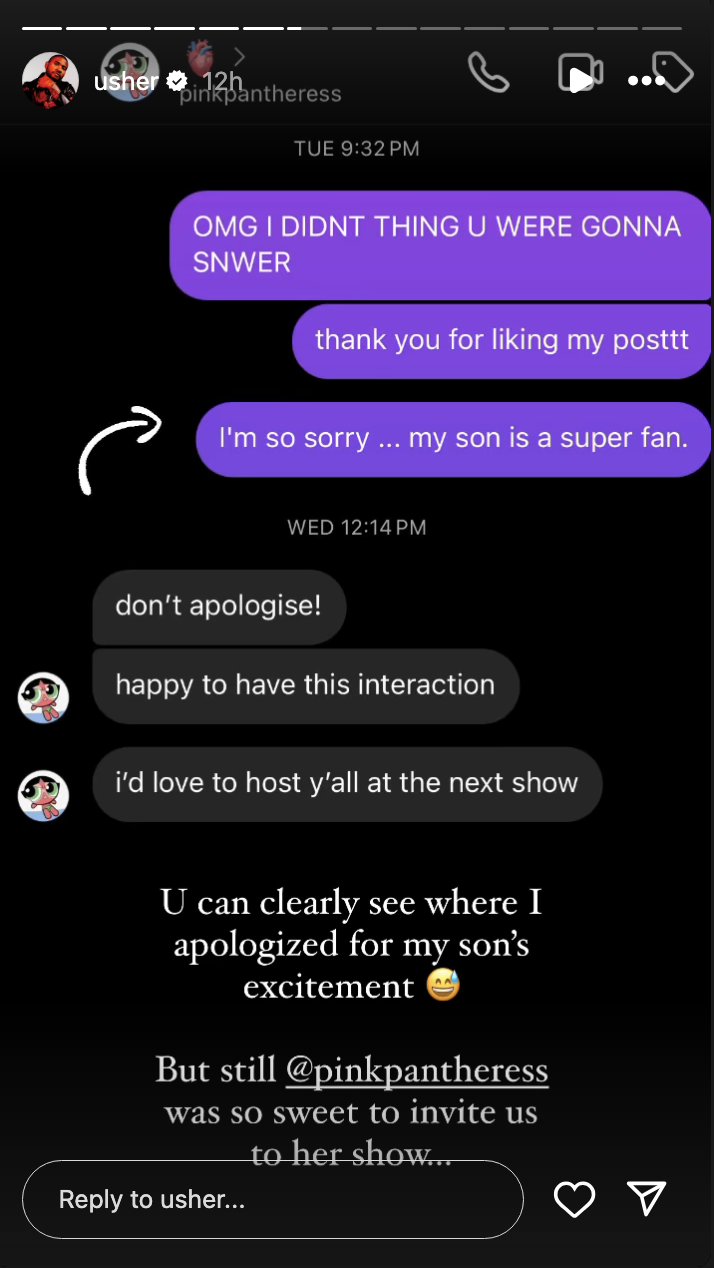 Screenshot of a social media interaction with texts and emojis, featuring messages of gratitude and an invitation to a show