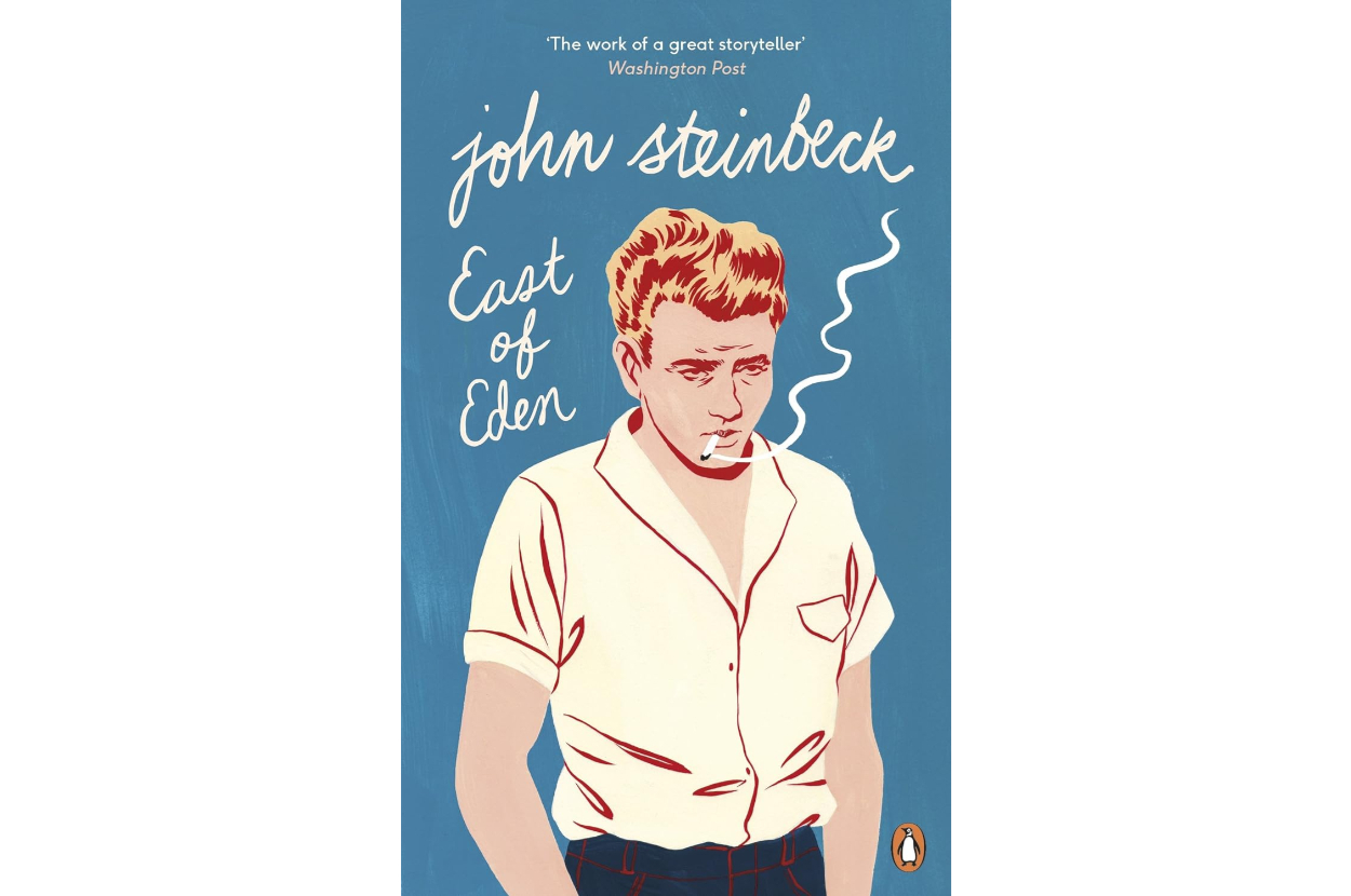 Illustration of a book cover for &quot;East of Eden&quot; by John Steinbeck, featuring a man with a pensive expression