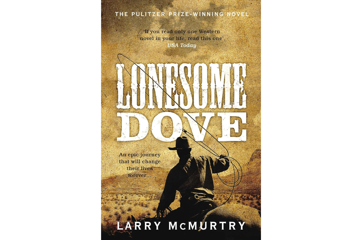 Cover of &quot;Lonesome Dove&quot; by Larry McMurtry with a cowboy silhouette on a horse