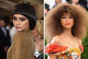 Two side-by-side photos of Zendaya in different hairstyles and glamorous outfits