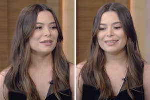 Two side-by-side shots of a woman with long hair, wearing a black top, appearing in a TV interview