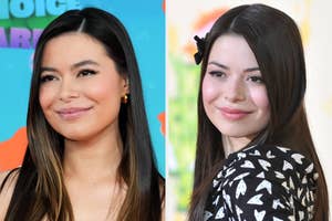 Side-by-side images of actress Miranda Cosgrove, left at an event, right in a patterned outfit