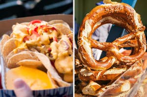 Two images side by side; left shows cheese-covered hot dogs, right focuses on a hand holding a large pretzel