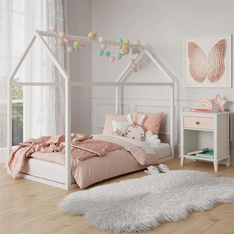 the bed in white in a child&#x27;s room