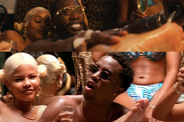 Two scenes from a music video with a male artist and women celebrating