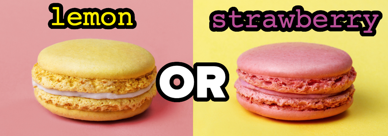 Two macarons with "lemon or strawberry" text, divided by a pink and yellow background