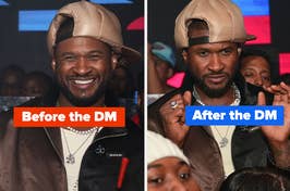 Usher smiling wearing a hat before and looking serious after the DM