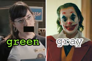 On the left, Aubrey Plaza with a bar over her mouth as Julie in Scott Pilgrim versus the World labeled green, and on the right, Joaquin Phoenix as the Joker labeled gray