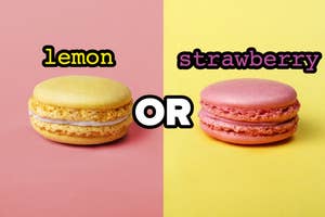 Two macarons with "lemon or strawberry" text, divided by a pink and yellow background