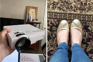 Left: reviewer holding movie projector; Right: reviewer wearing gold ballet flats