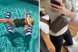 Left: reviewer sitting in striped pool float, Right: reviewer wearing brown mini belt bag