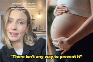 Split image: Left shows woman speaking, right focuses on a pregnant belly held by two hands, with an overlaid quote