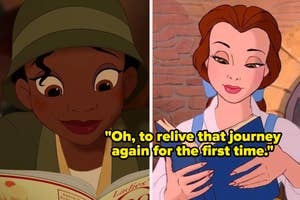 Animated characters Tiana and Belle reading books, with a quote about reliving a journey