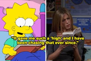 Lisa Simpson on the left; woman reading a book titled "Fear" on the right. Text overlay with a quote