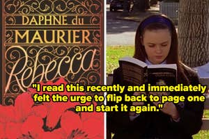 Split image; left side: "Daphne du Maurier" book cover, right side: Rory Gilmore from 'Gilmore Girls' reading intensely