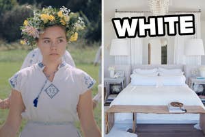 On the left, Florence Pugh wearing a floral crown as Dani in Midsommar, and on the right, an elegant bedroom with matching bedside tables on either side of the bed labeled white