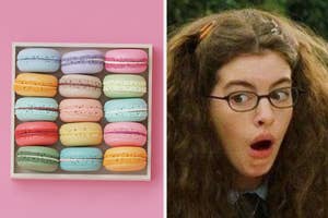 Assorted macarons in box; surprised Mia Thermopolis from 'The Princess Diaries'