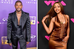 Usher in a black suit & Doja Cat in a fitted brown dress at an awards event