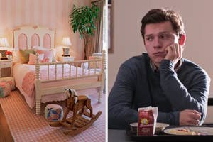 On the left, a cozy bedroom with a bed, rocking horse, and plant, and on the right, Tom Holland sitting at a lunch table as Peter Parker in Spider-Man Homecoming