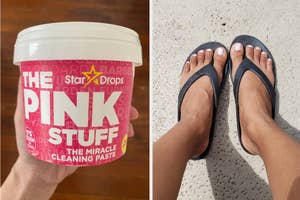 Left: reviewer holding container of The Pink Stuff; Right: reviewer wearing black Crocs flip-flops