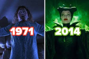 Side-by-side stills of Regan from The Exorcist (1973) and Maleficent (2014), depicting iconic characters from each film