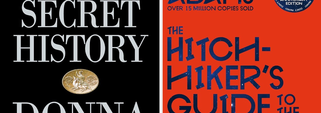 Book covers of "The Secret History" by Donna Tartt and "The Hitchhiker's Guide to the Galaxy" 42nd-anniversary edition