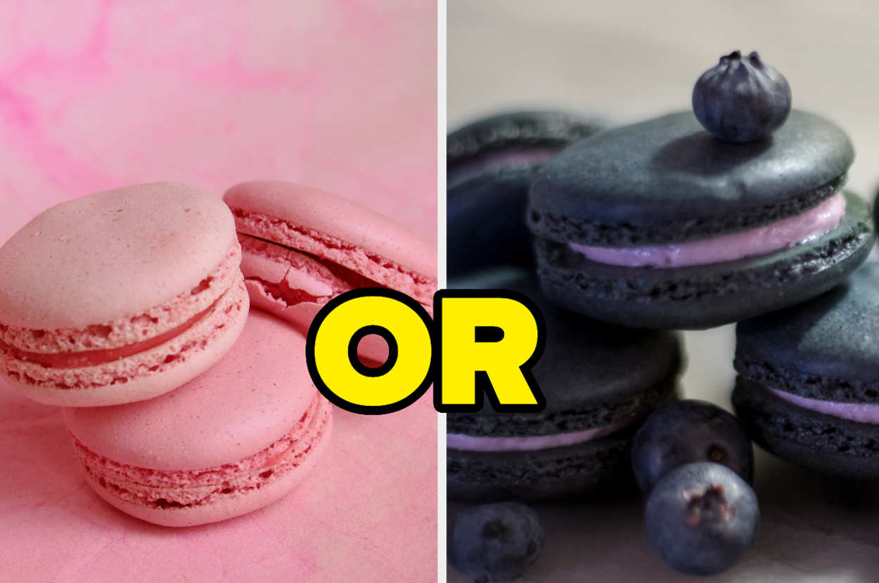 Two different flavored macarons displayed side by side with a choice indicated by "OR" between them