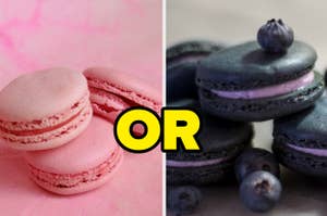 Two different flavored macarons displayed side by side with a choice indicated by "OR" between them